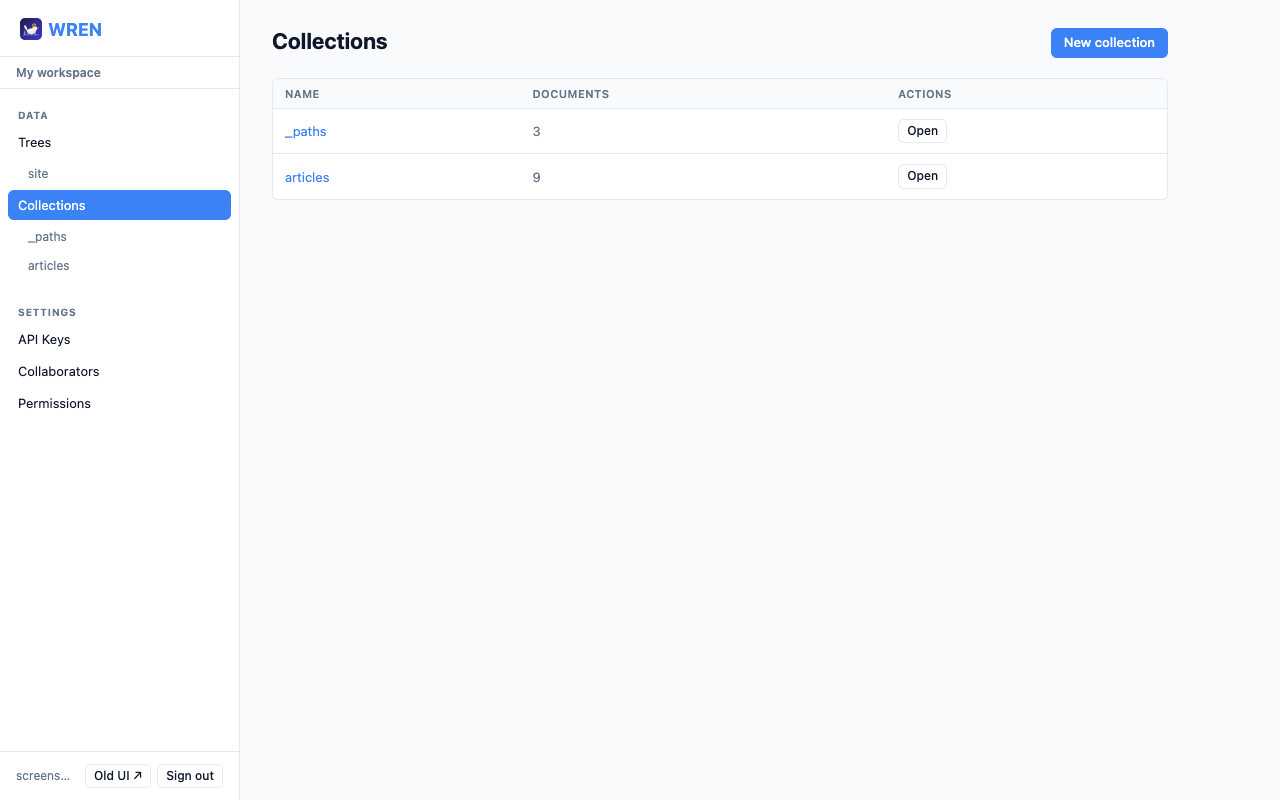 Collections list in the admin UI