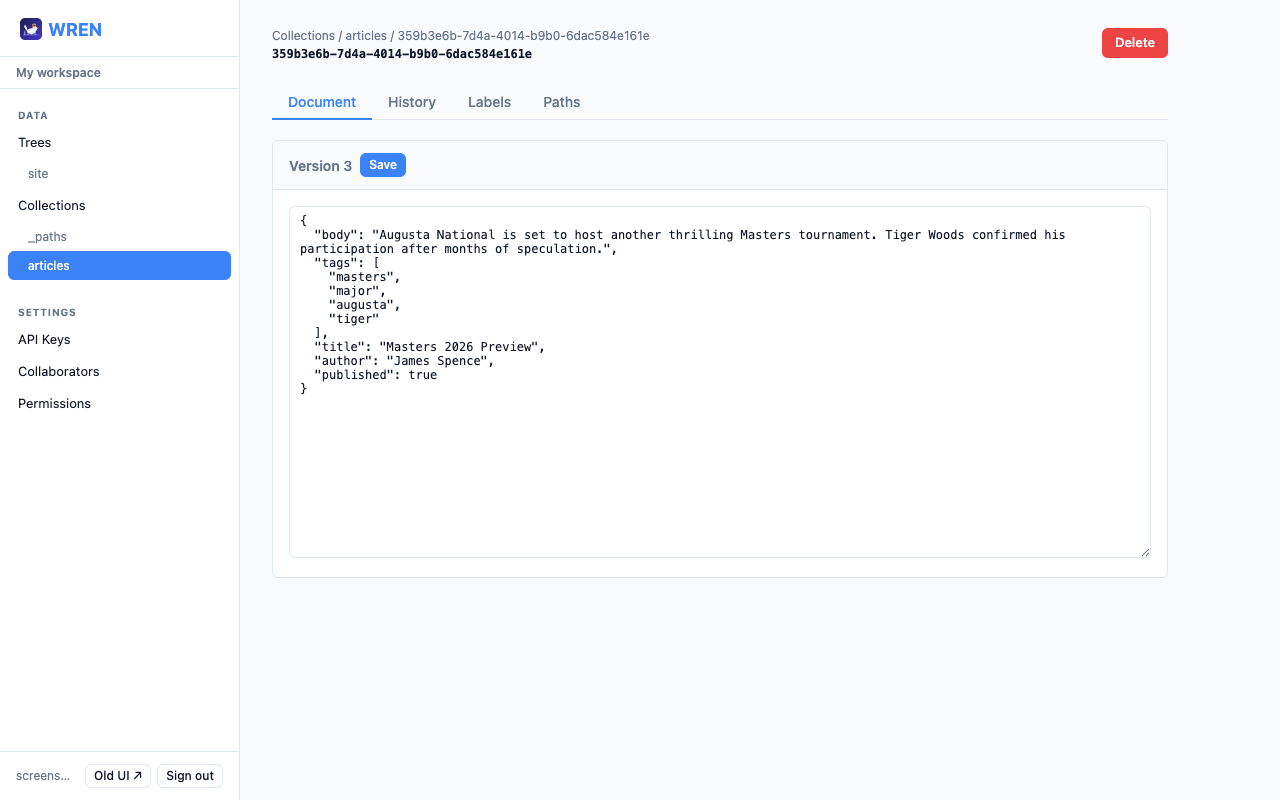Document editor showing JSON content