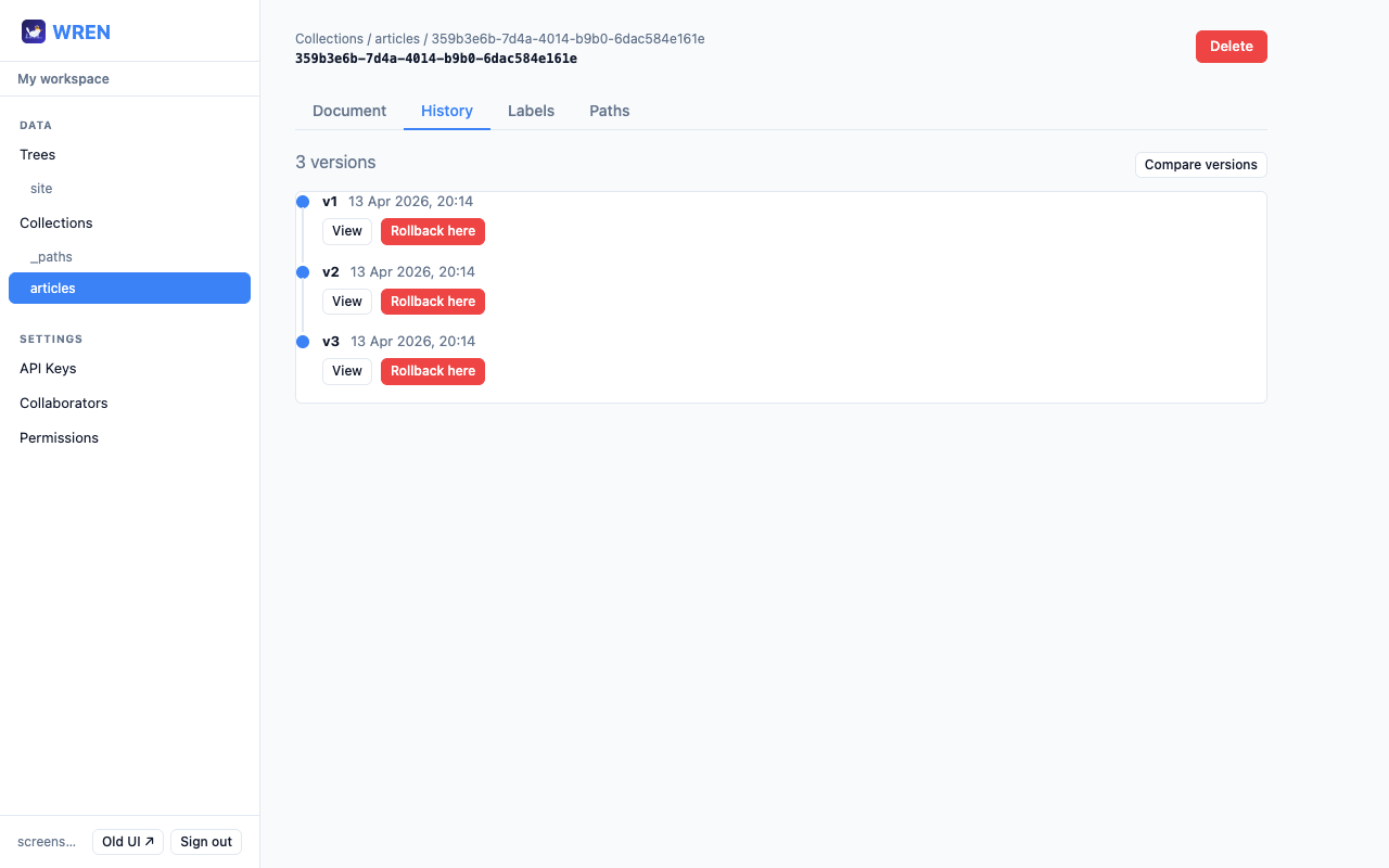 Version history timeline showing 3 versions
