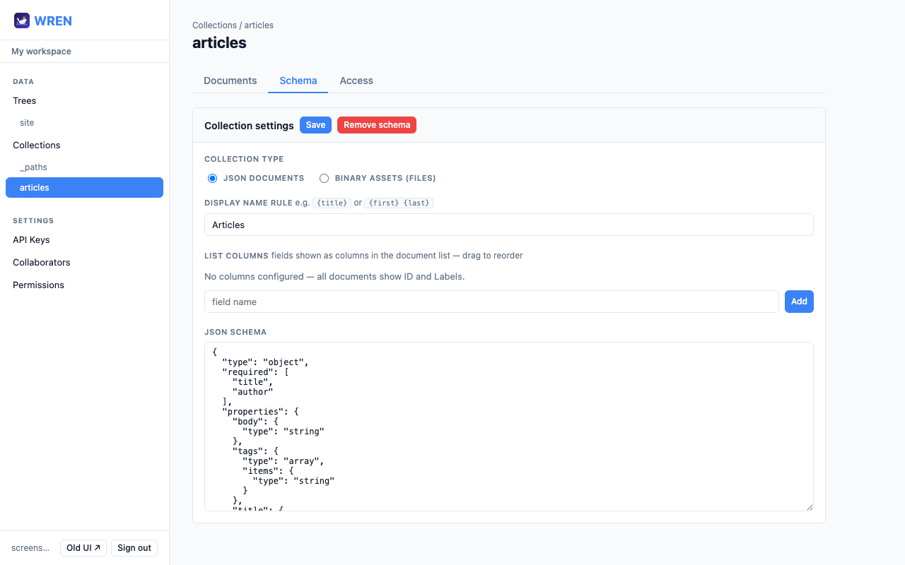 JSON Schema editor for the articles collection