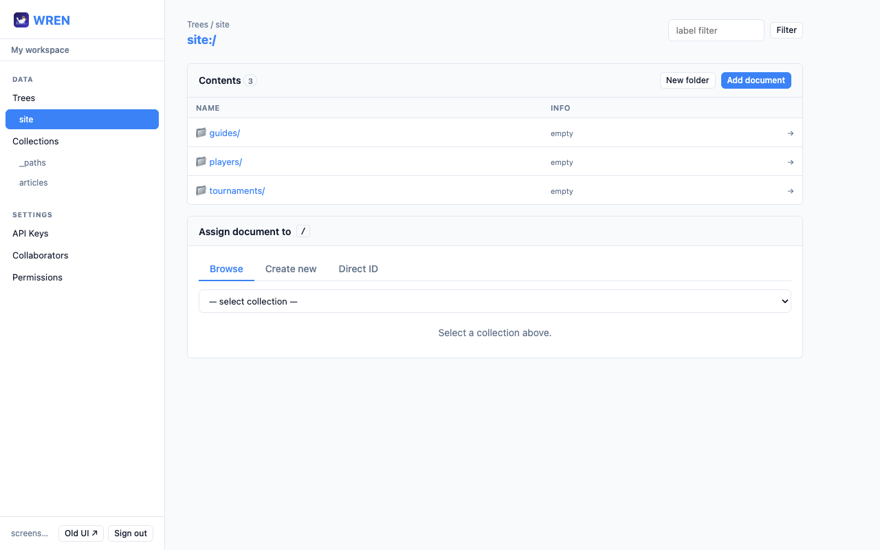 Tree browser at the site root with folders and the assign panel