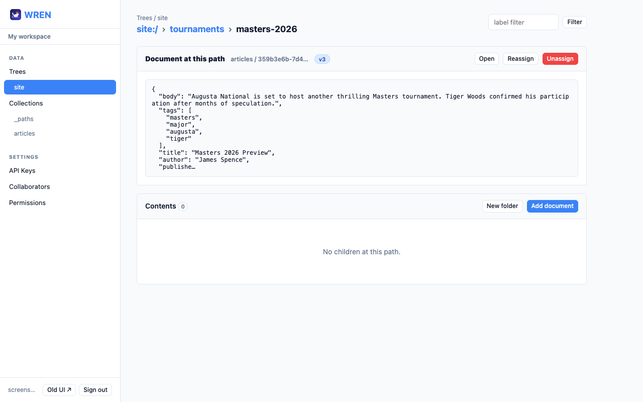 Tree browser at /tournaments/masters-2026 showing the assigned document