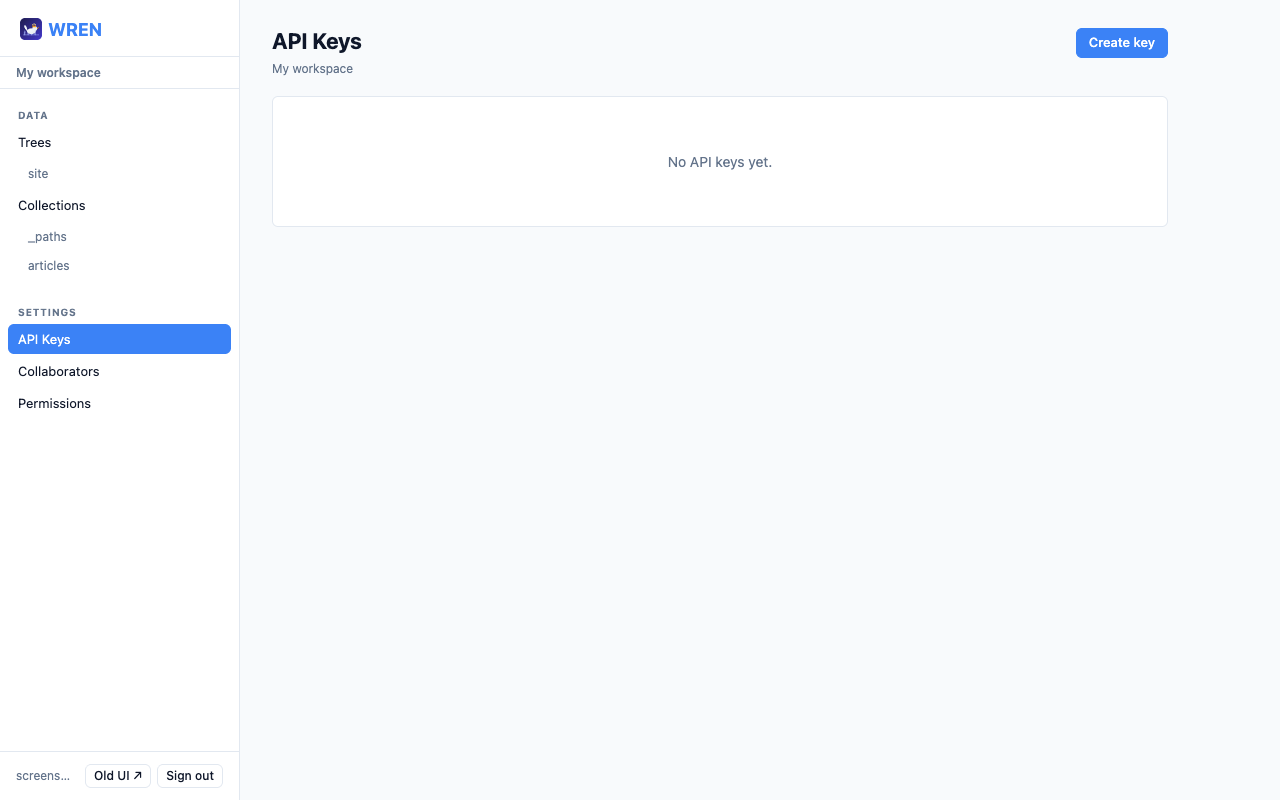 API Keys management page