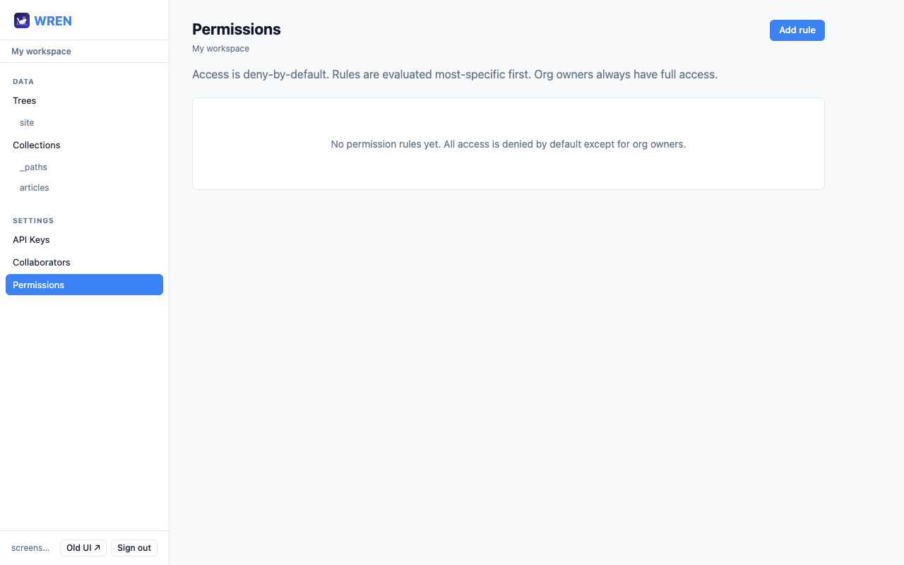 Permissions page with access rules